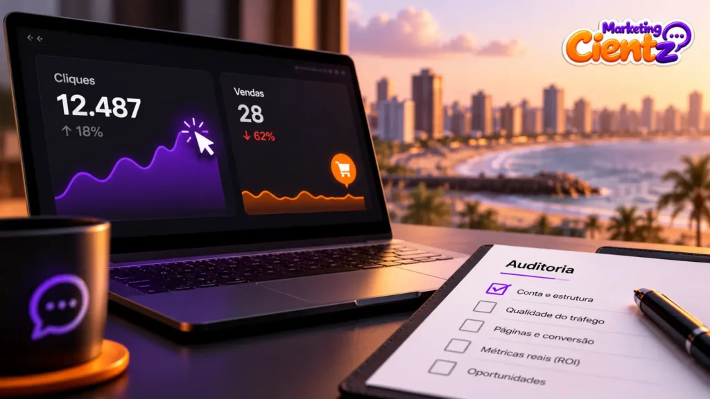 Painel de auditoria de tráfego pago com comparação entre cliques e vendas em Fortaleza
